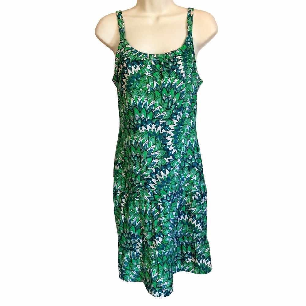 Prana Breathe Dress Womens Medium Green Blue Petal Print Tiered Shelf Bra Mini